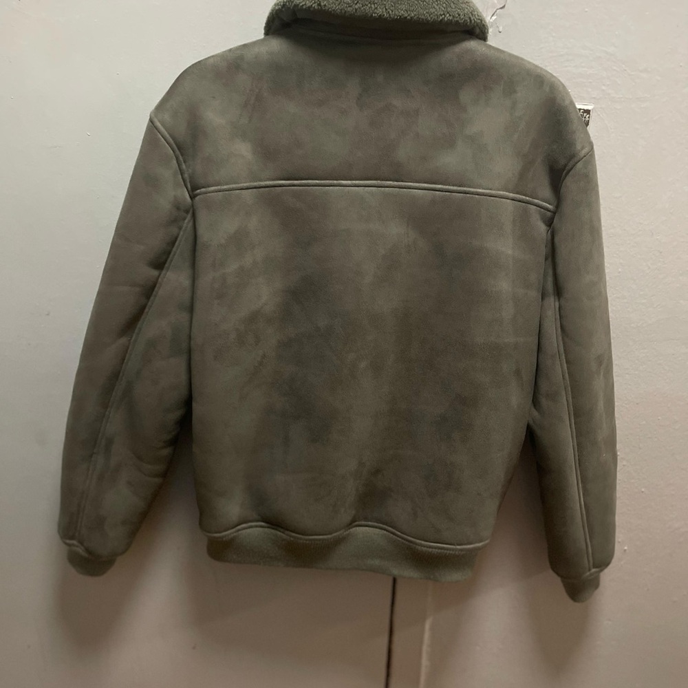 Green Faux Shearling Bomber Jacket - image 2